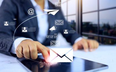 Business information concept with businessman sending e-mail to customers or affiliated to notification inform or announcement news and report project progression Business information concept with businessman sending e-mail to customers or affiliated to notification inform or announcement news and report project progression