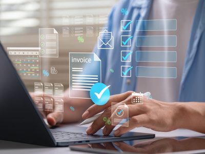 Digital invoice processing, billing management. man using laptop to managing payment, checklist financial workflow, electronic statements. Online invoice processing and tax accounting solutions.